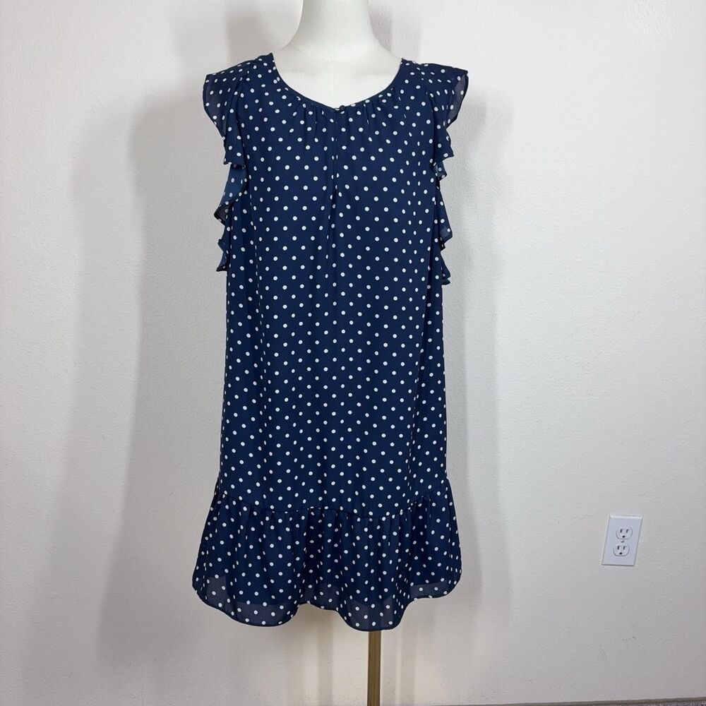 J Crew Dress Womens Medium Blue Polka Dot Sleeveless Ruffle Shift Lined Party